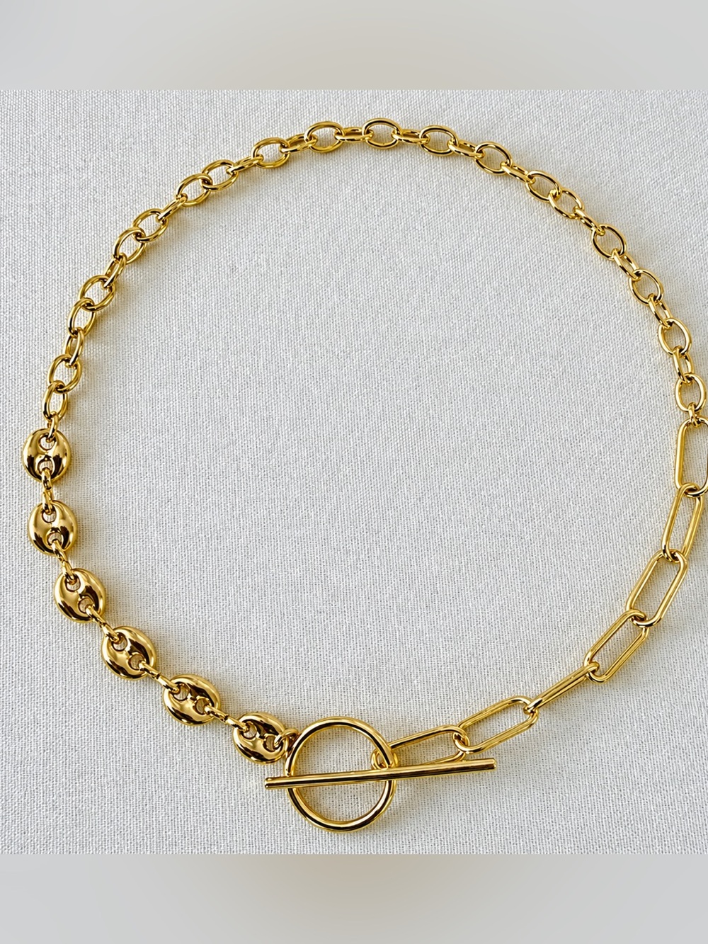 Mixed Coffee Bean & Paperclip Link Toggle Necklace | 14K Gold Plated Layered - Picture 3 of 7